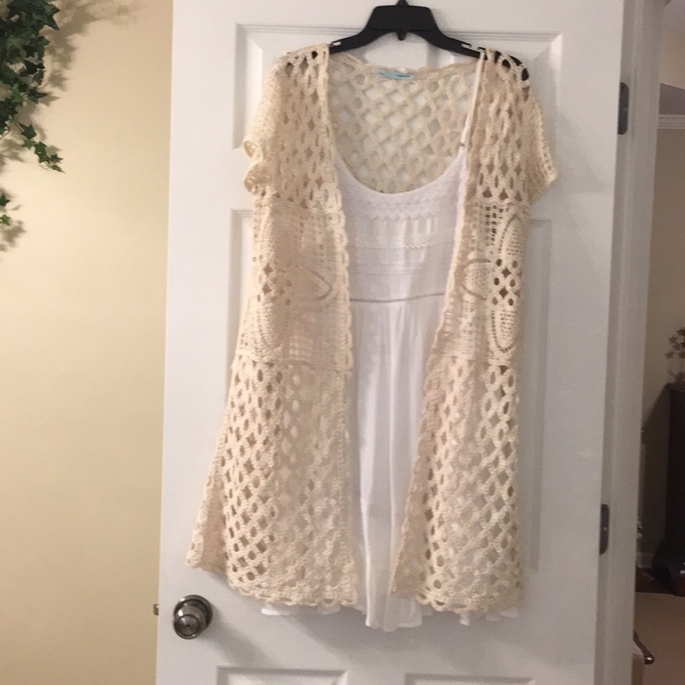 LNC white sundress with cream long crocheted top